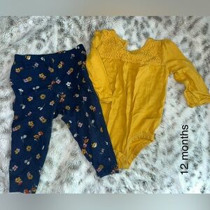 Size 12M yellow onesie and navy blue floral pants.